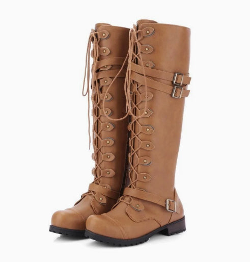 Round Toe Mid Heel Lace-up Side Zip Over-the-knee Boots