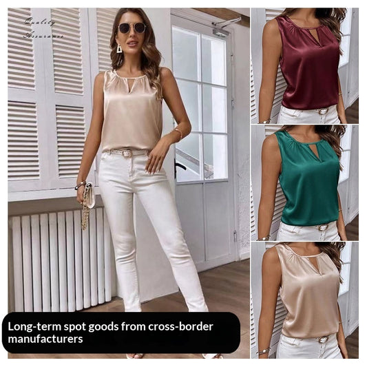Ruched Satin Sleeveless Top With Cutout Details