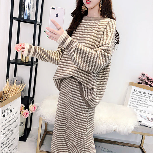 New Autumn Knitwear For Women Loose Western-Style Thickened Skirt And Pullover Sweater Set