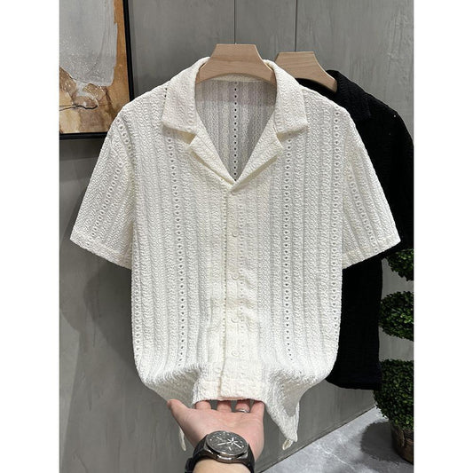 Men's Cool-Feel Cuban Collar Hollow-Out Short-Sleeve Shirt