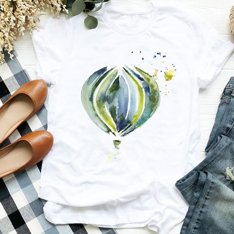 Women's Hot Air Balloon Graphic Print Crew Neck Loose T-Shirt