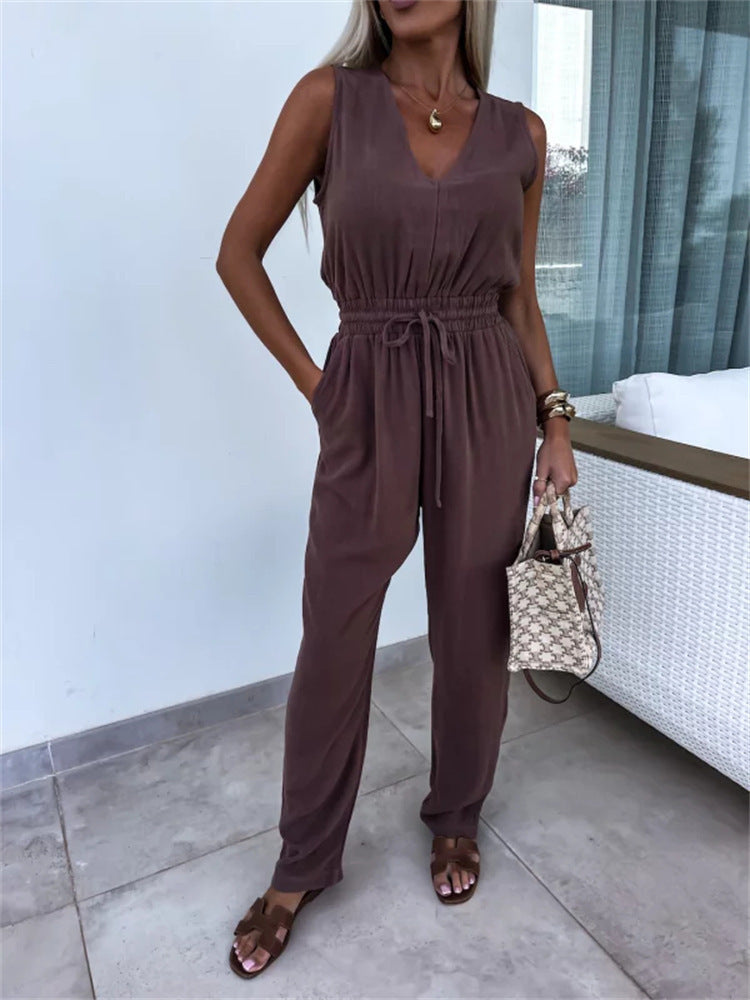 Womens Casua Elegant Solid-Color High-Waisted Sleeveless Jumpsuit