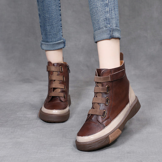 Colorblock High-top Leather Boots With Soft Sole