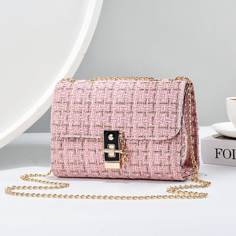Woolen Twist Lock Shoulder Bag Versatile Women's Bag Gold Silk Contrast Color