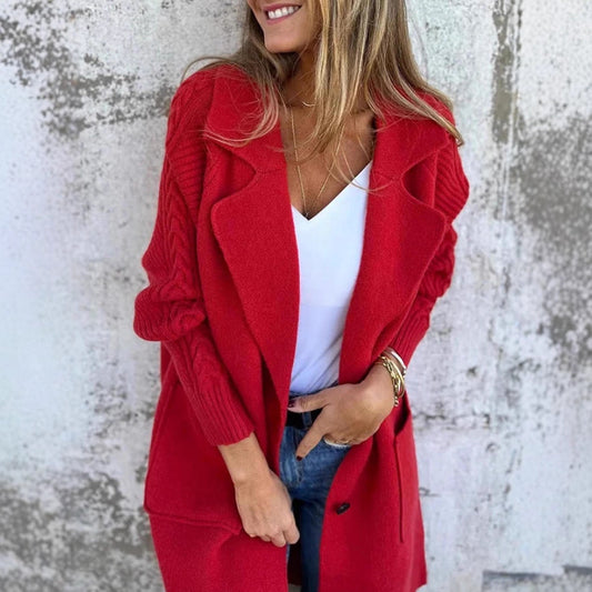 Women's Twist Knit Stitching Lapel Large Coat