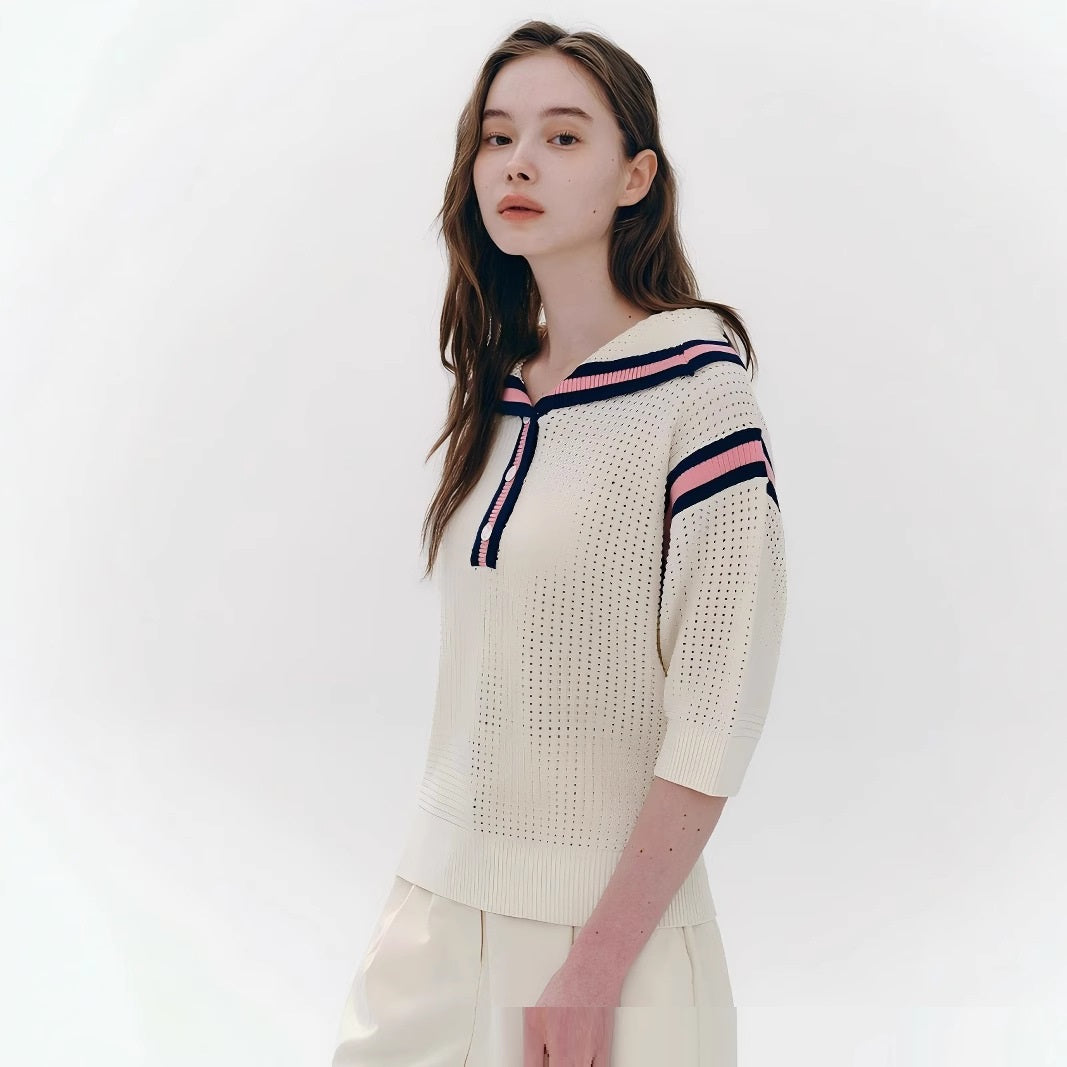 European And American Fashion Casual Preppy Style Collar Color Crocheted Knitted Pullover
