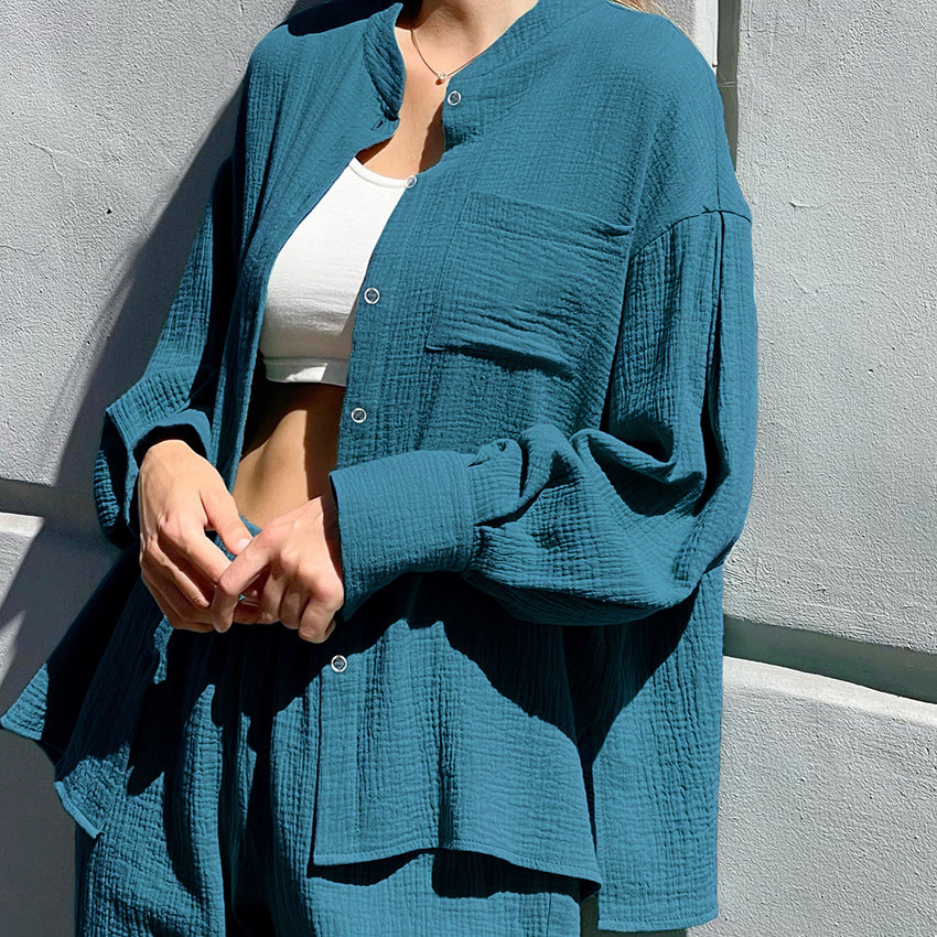 Womens Loose Crepe Cotton Long-Sleeve Top And Pants Two-Piece Set