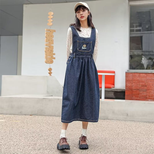 Womens Retro Embroidered Denim Suspender Dress