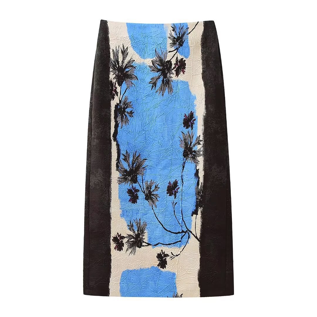 Spring New All-match Flower Print Back Slit Straight Midi Skirt