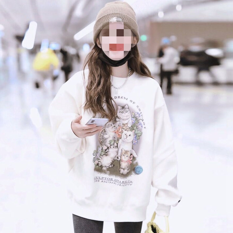 Women's Loose Round Neck Cartoon Mid-length Sweater
