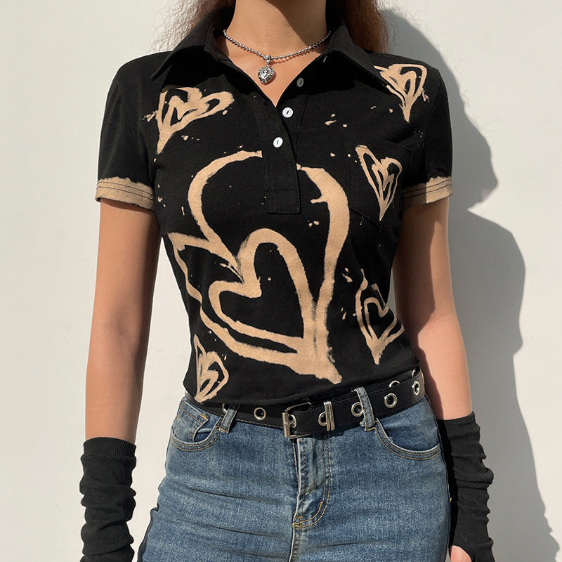 Vintage Fashion Hjerteprint Kortærmet T-shirt Med Reverskrave Streetwear Croptop