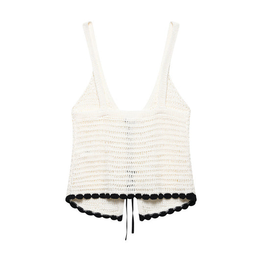Summer Contrast Color Knitted Bowknot Decoration Crocheted Top