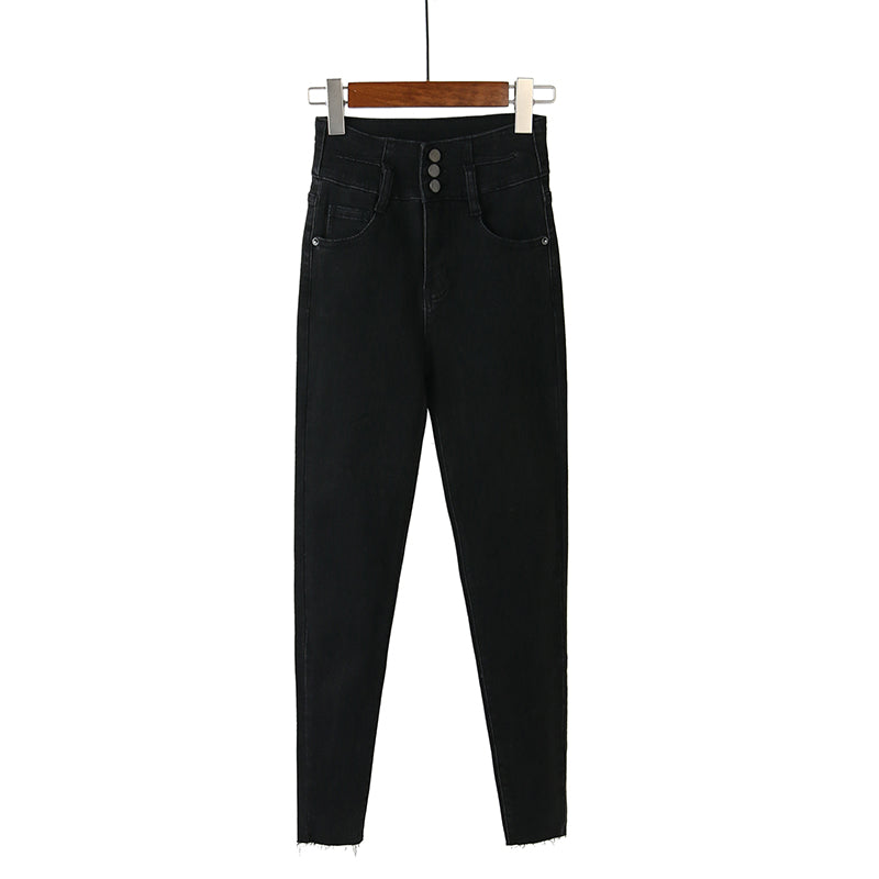 Fleece high waist jeans women's feet fall and winter