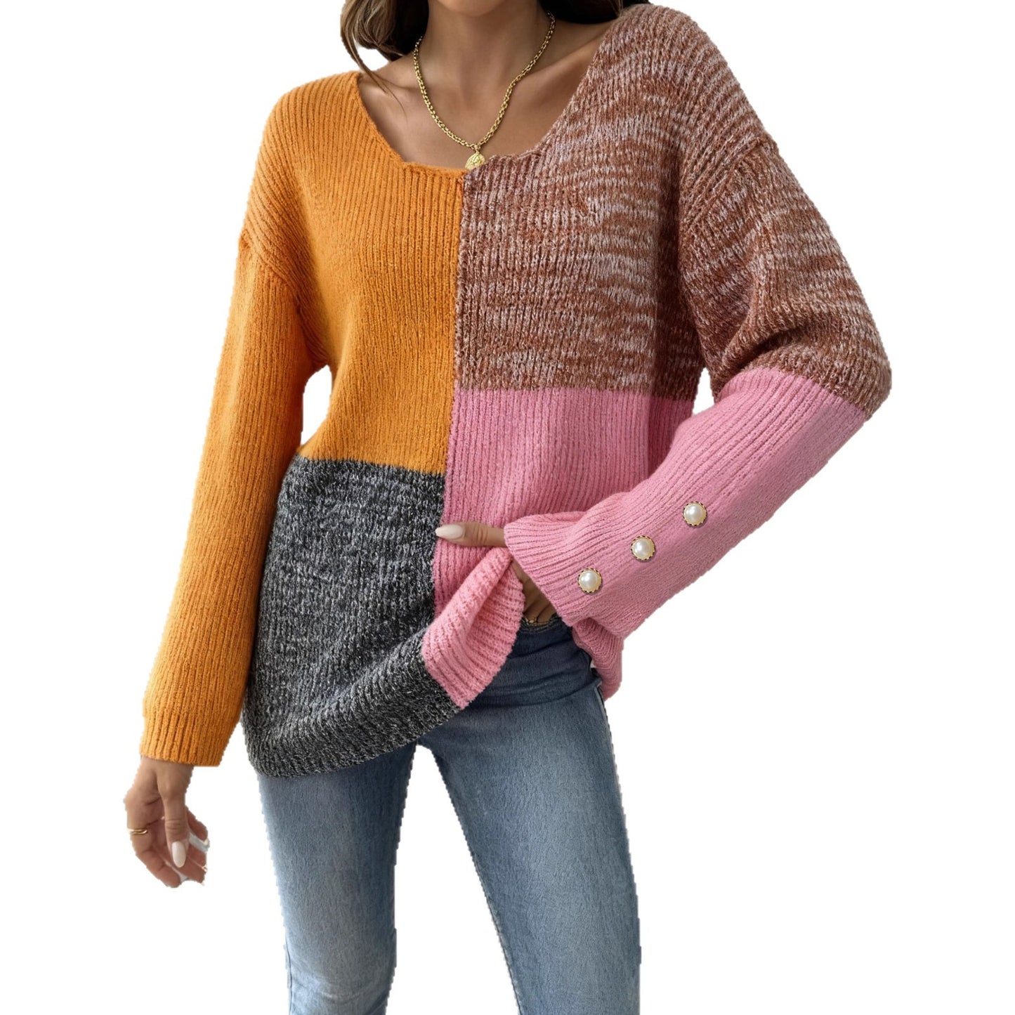 Women's Fashion Pullover Color-blocked Deep V Spliced Sweater