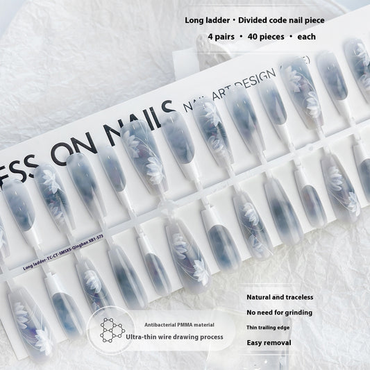 New Chinese Butterfly French Soft Nail Long Ladder Blush Blooming Wear Manicure