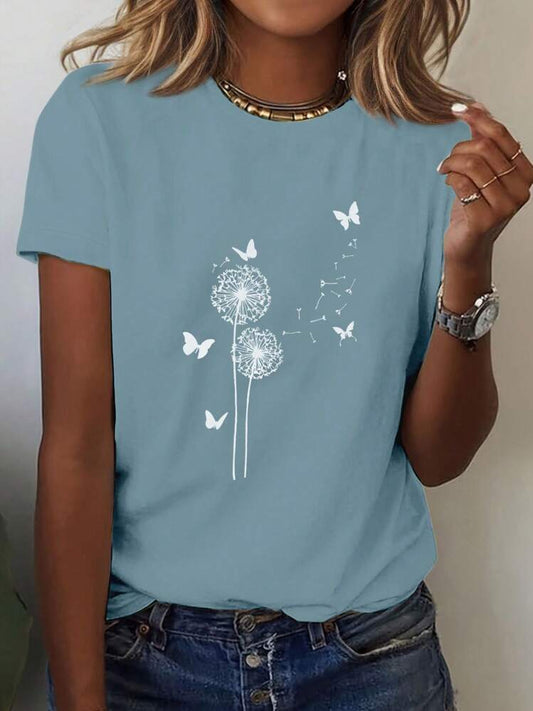 Dandelion Butterfly Pattern Round Neck Short Sleeve