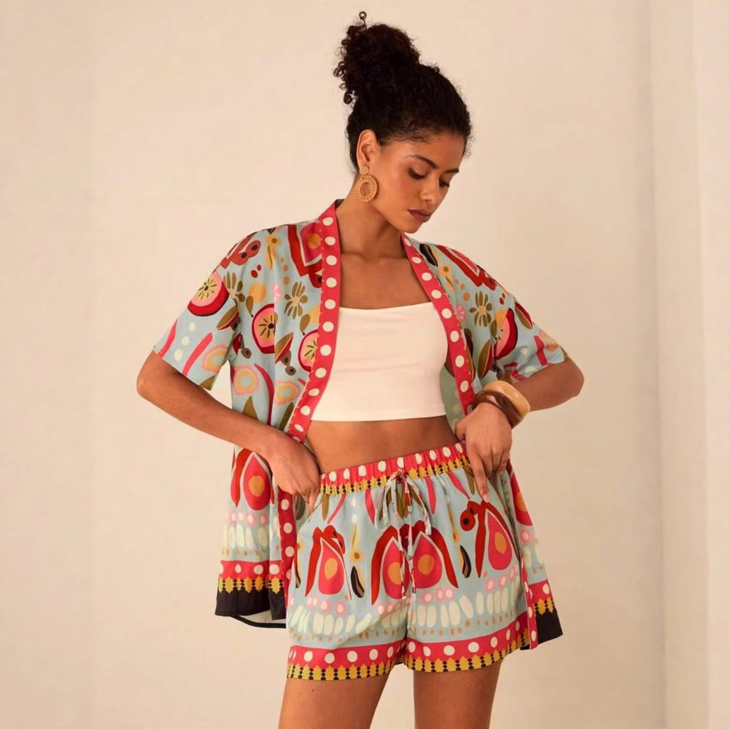 Fashion Casual Printing Cardigan Short Sleeve Shorts Suit
