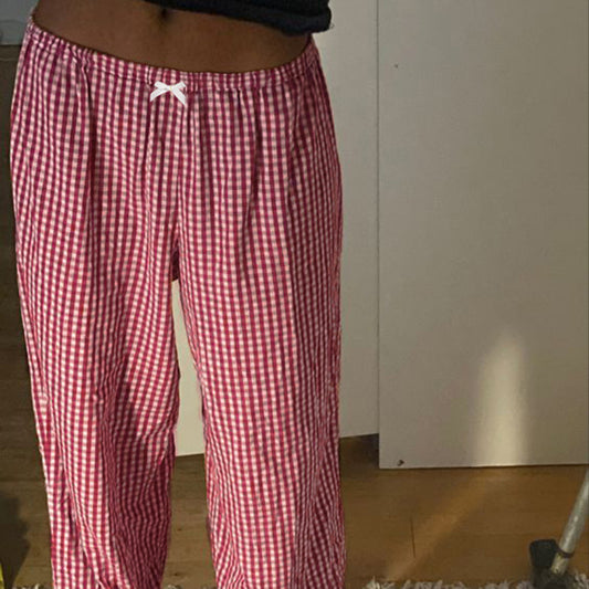 American Casual Contrast Color Red Plaid Trousers