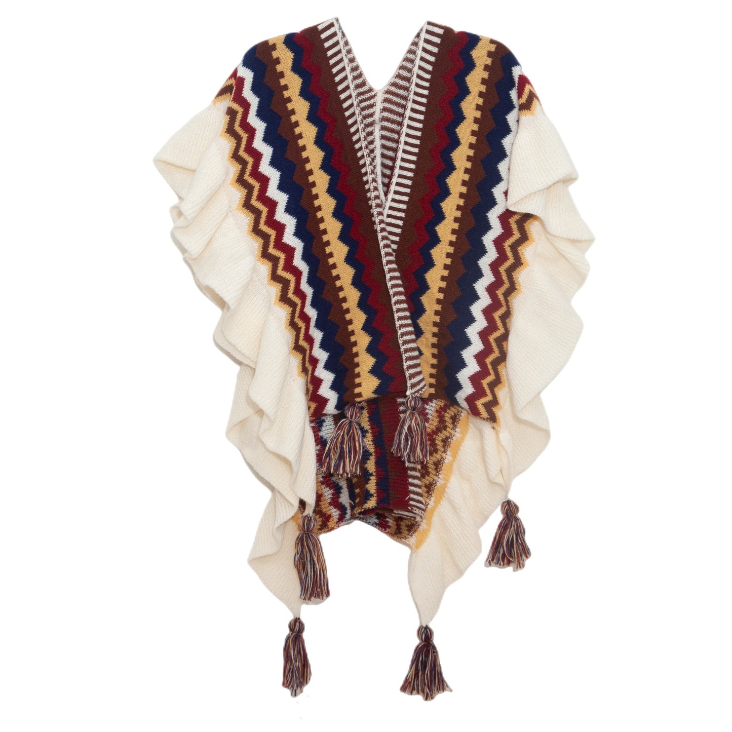 European And American Spring Autumn And Winter Ladies Travel Ethnic Style Ruffled Knitted Shawl