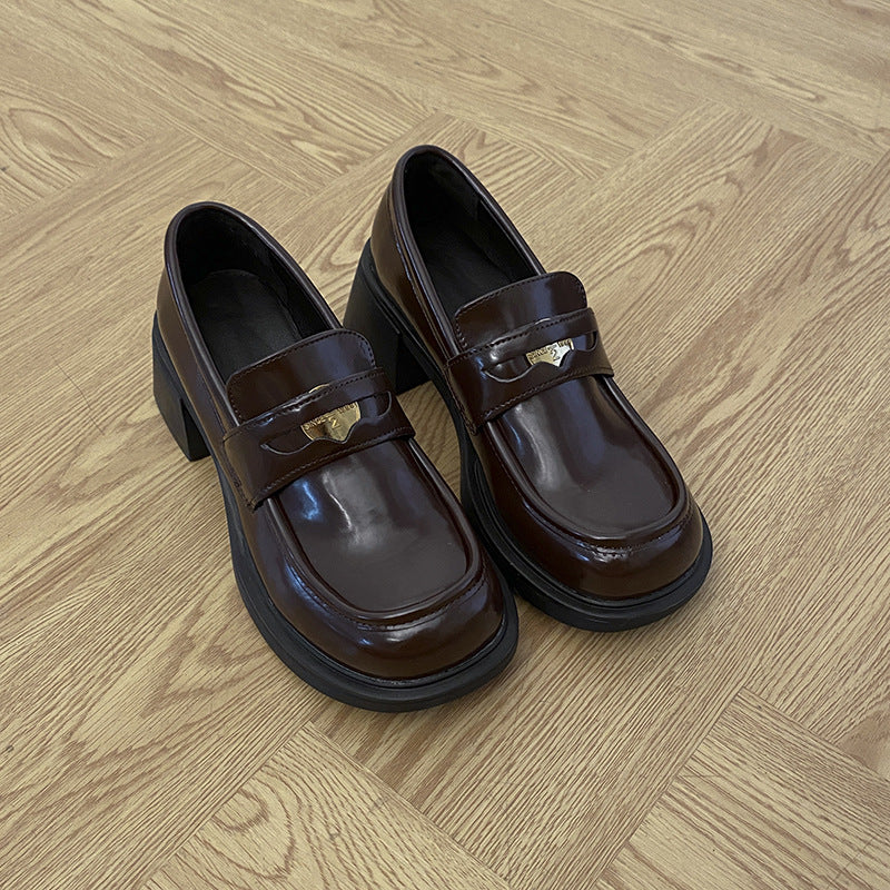 New Autumn And Winter Small Height Increasing Chunky Heel British Leather Shoes