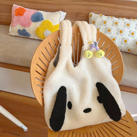 Cute Dog One Shoulder Lamb Fleece Large Ear Bag