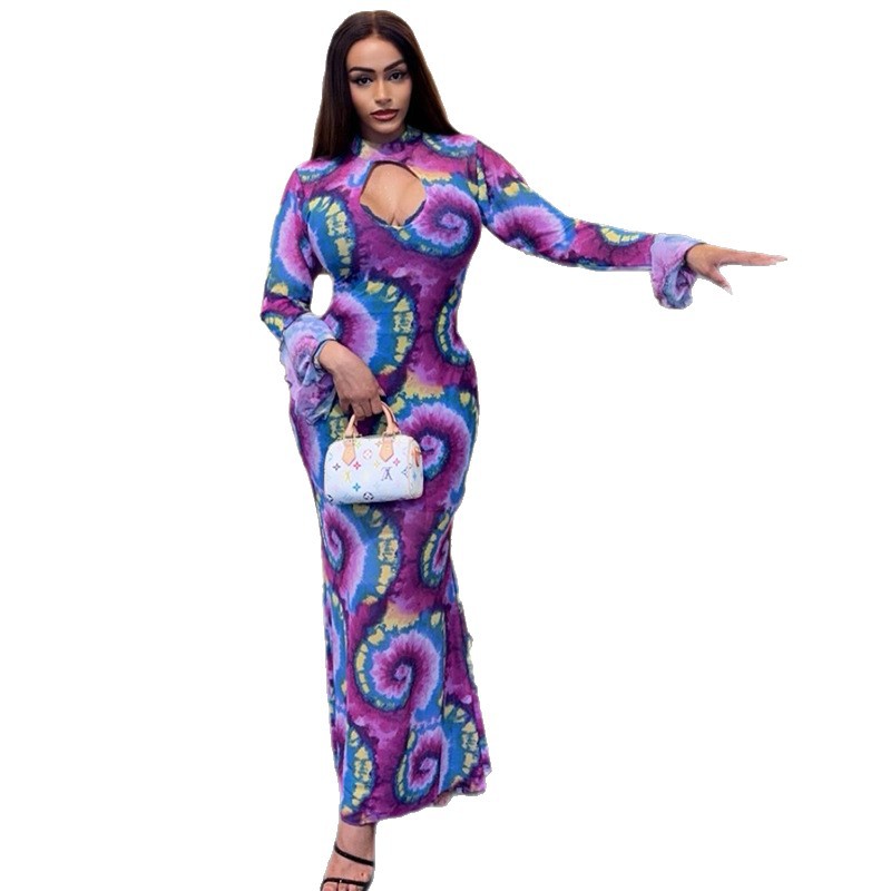 Color-block Printed Crew-neck Elegant Dress