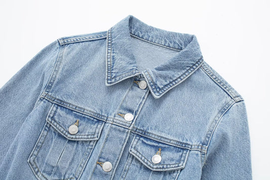 Elegant Notched Collar Long-Sleeve Distressed Denim Belted Dress For Women