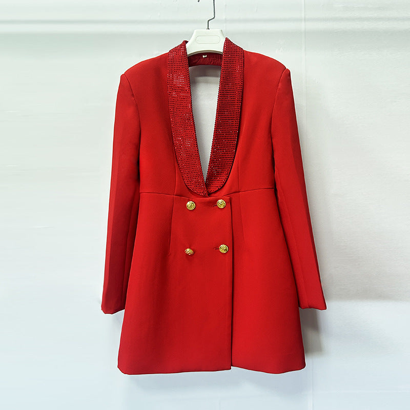 Socialite Style Deep V Green Fruit Collar Backless Heavy Embroidery Suit Coat