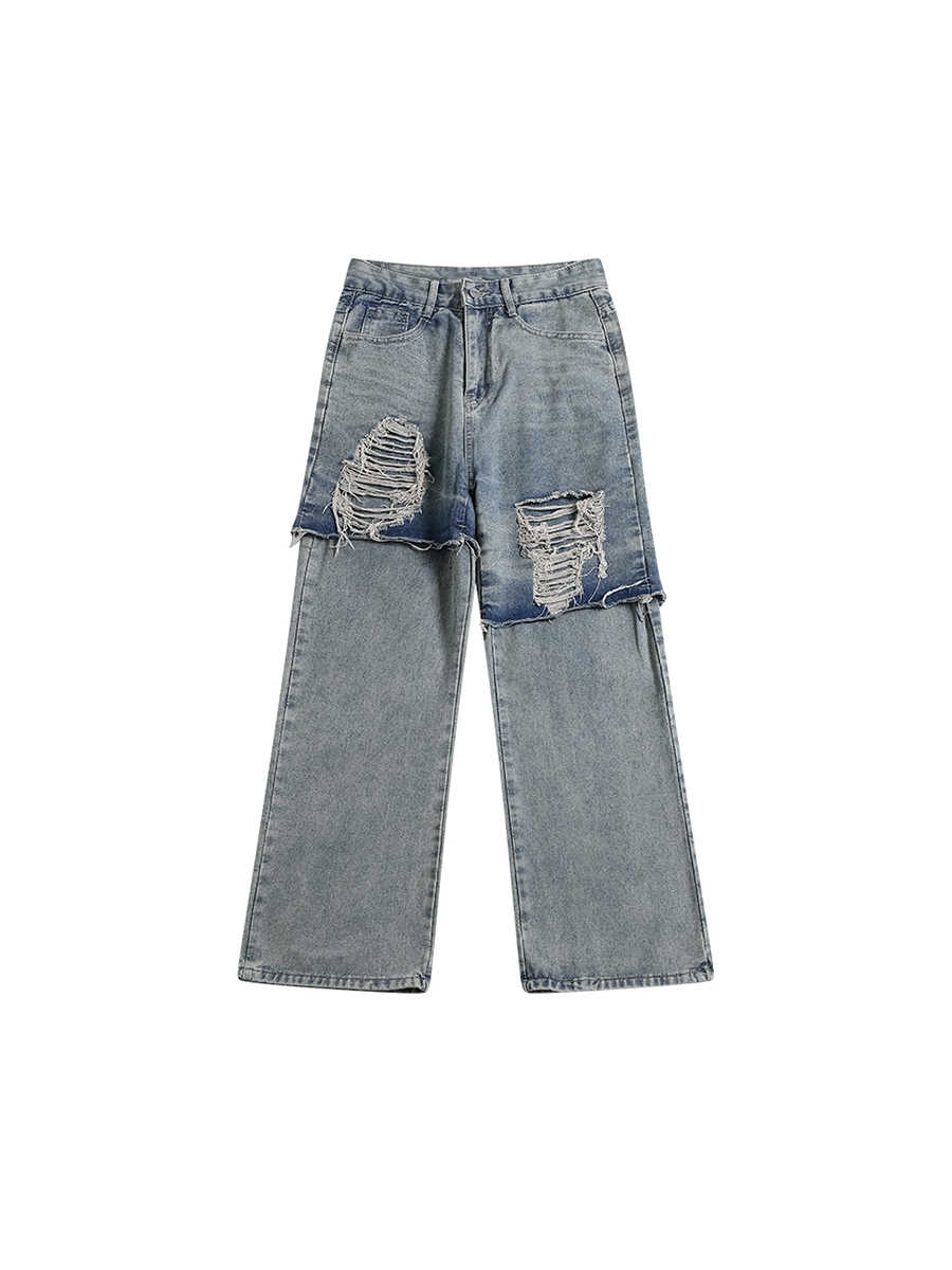 Washed Mud Dyed Ripped Jeans Plus Size Casual Pants