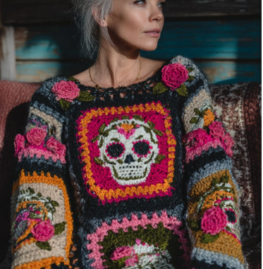 Womens Retro Printed American Style Streetwear Loose Knit Sweater Top