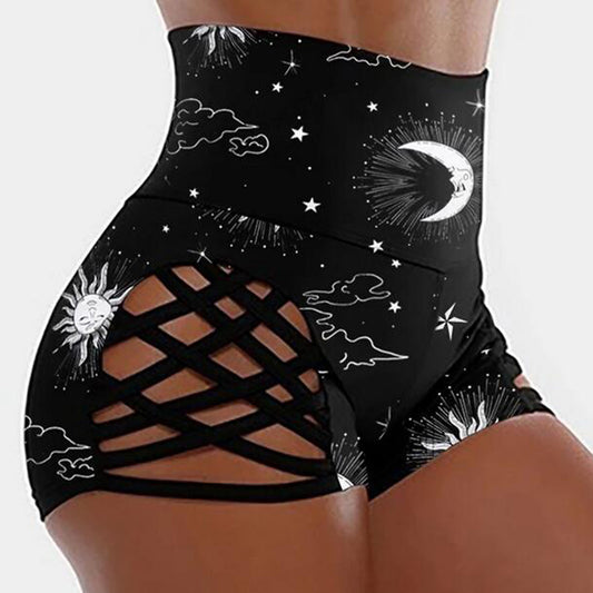 Women's High Waist Printed Pants Cross Cutout Tight Yoga Shorts