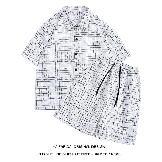 Casual Printed Cardigan Shorts Suit Young Students Loose Sports