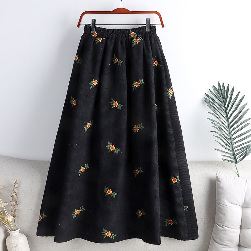 Womens High-Waisted Slimming Corduroy Embroidered Midi Skirt With An Elegant Touch