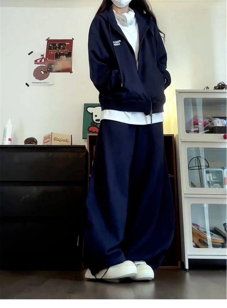 Women's Navy Blue Casual Hooded Zip-up Sweatshirt For Autumn And Winter