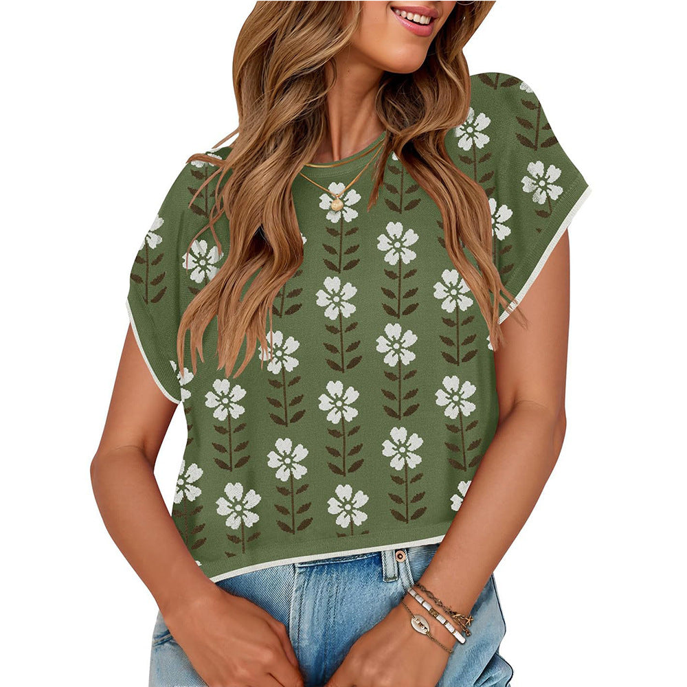 Midriff-baring Short Sleeve Color Block Round Neck Knitted Little Flower Sweater Short