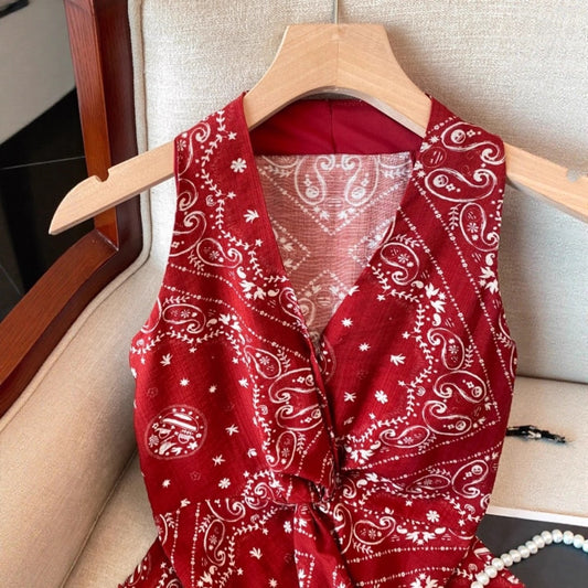 Red Sleeveless Floral Twist Sweet Spicy Waistcoat Top