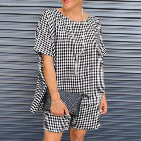 Casual Check Crew Neck Short Sleeve Shorts