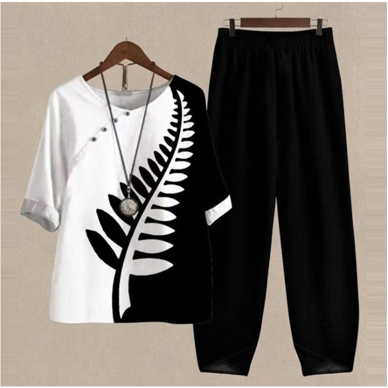 New Women's Five-quarter Sleeve Printed Top Two-piece Pants