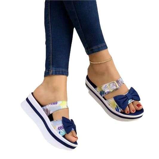 Colorful Bow Round Toe Platform Leather Ladies Sandals