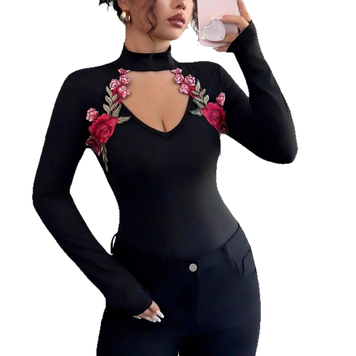 V-neck Hollow-out Patchwork Fashionable Embroidered Slim-fit