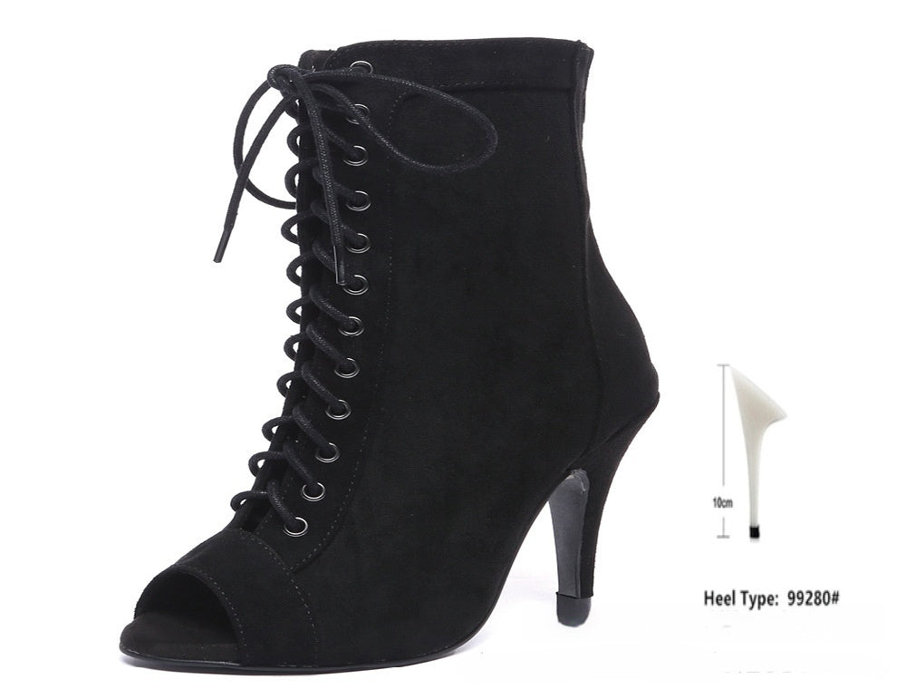 Women's Black Denim Gaobang Peep Toe High Heels