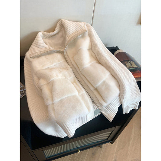 White Knitted Patchwork Mink-fur Cotton Coat