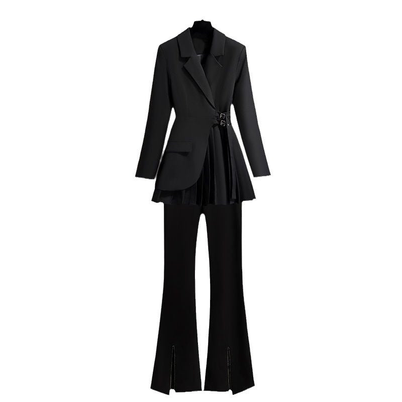 Lapel Design Pleated Skirt Black Suit Jacket For Women