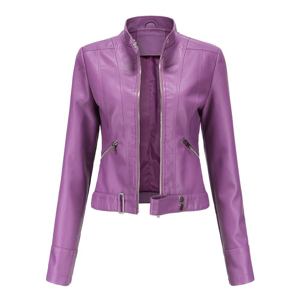 Veste courte en cuir pour femme avec col montant, fine