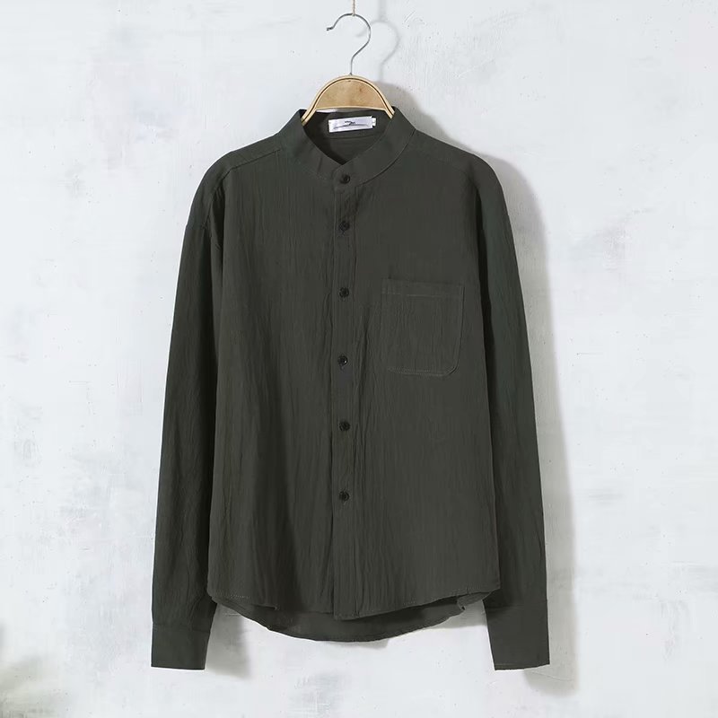 Solid Color Men's Long Sleeve Round Neck Casual Loose Linen Shirt