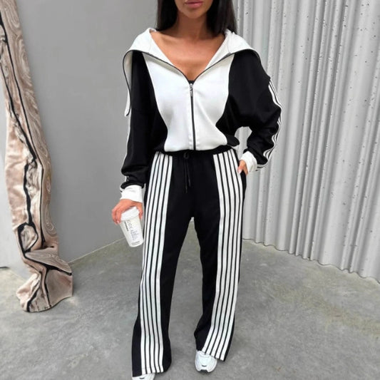 Womens Striped Coral-Fleece Patchwork Long-Sleeve Zip-Up Pants Set