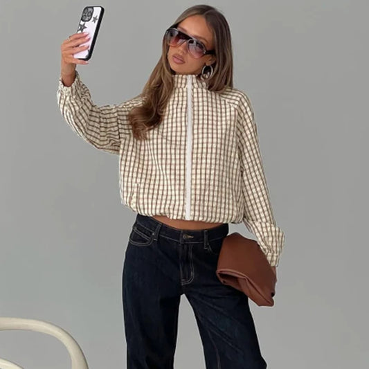 Women's Checkered Zipper Long Sleeve Coat