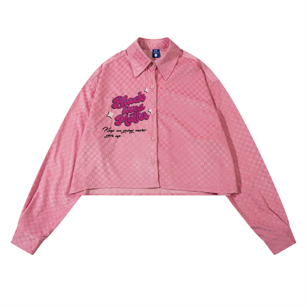 Embroidered Letter Chessboard Plaid Long Sleeve Shirt Coat