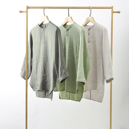 Casual Linen Men's Simple Round Neck 34 Sleeves Linen T-shirt Loose Breathable Top