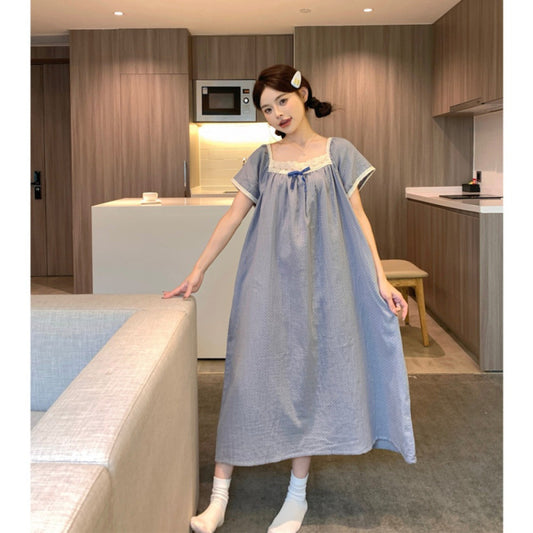 Haze-Blue Summer Short-Sleeve Long Dress Pajamas Loungewear